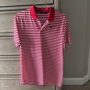 Nike Red and White Striped Polo